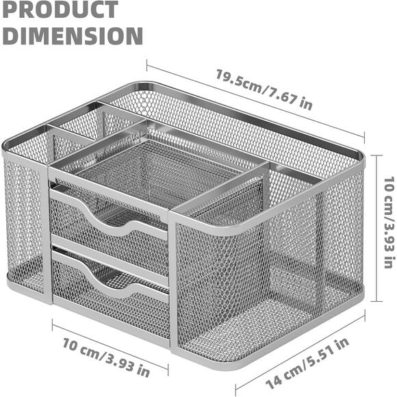 Marbrasse Mesh Desk Organizer with 2 Drawers, Pencil Holder 5 Slots – Silver - Picture 5 of 6